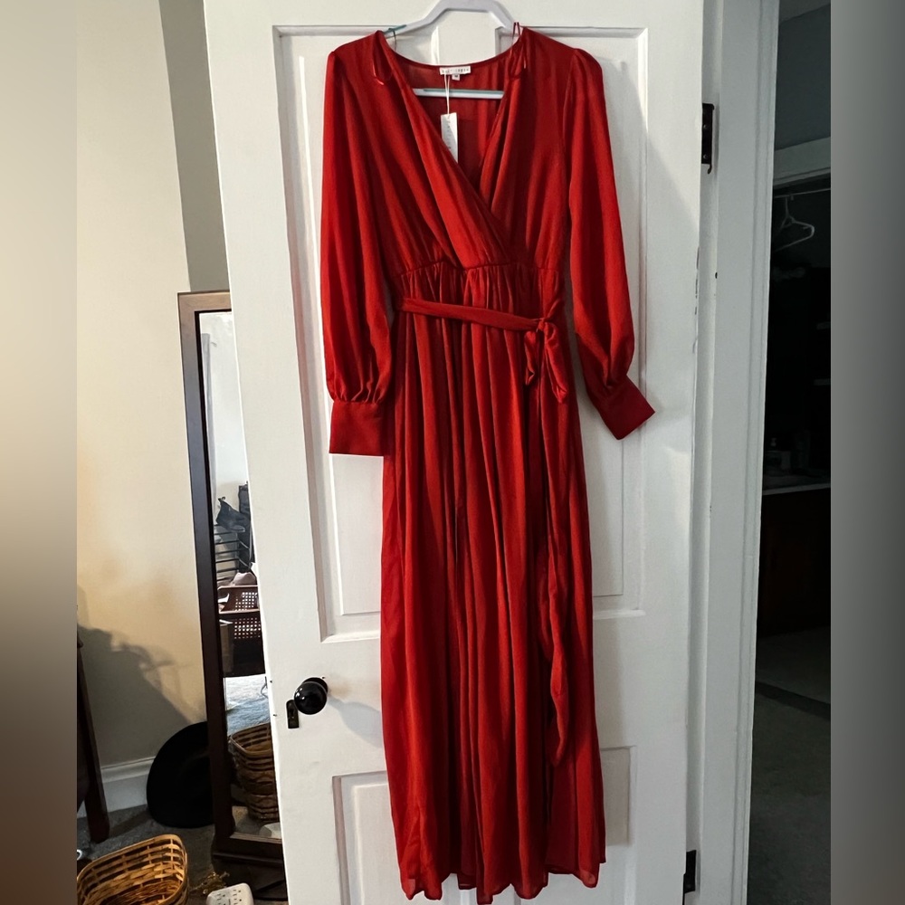 Baltic Born Terracotta V-Neck Bishop Sleeve Cocktail Gown